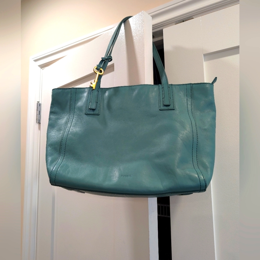 Fossil Teal Leather Tote with Gold Hardware